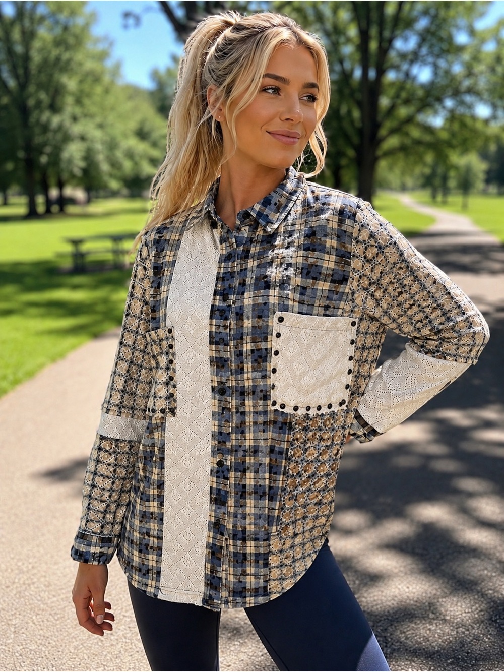 POL L  Blue and Cream Patchwork Plaid Button-Down Shirt